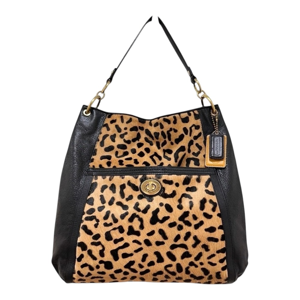 Coach Park Large Leopard Haircalf Hobo Shoulder Bag Black Leather F24662